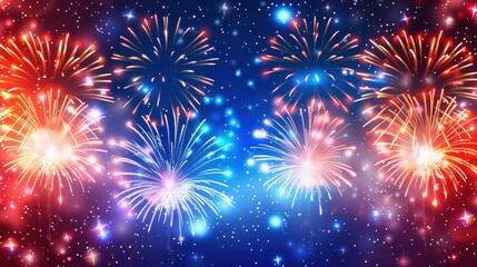 Naklejka premium A vibrant and colorful display of fireworks exploding against a dark blue starry night sky, creating a festive atmosphere with bursts of red, yellow, and blue fireworks.