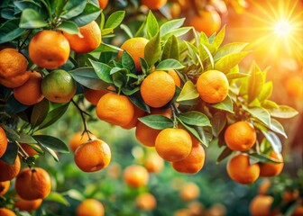 Vibrant orange tangerines hang from delicate branches, nestled among lush green leaves, on a sun-kissed tree, showcasing nature's beauty and abundance in warm afternoon light.