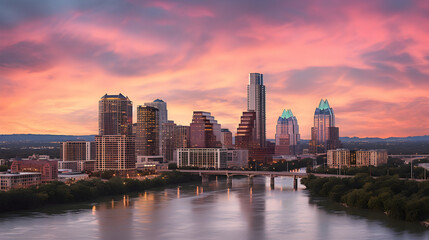 Naklejka premium Stunning Capture of Austin City Skyline at Sunset Reflecting on Lady Bird Lake