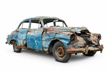 A blue wrecked car isolated on white