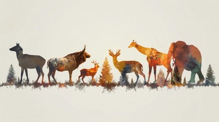 Digital illustration depicting various forest animals such as deer and elephants with a beautiful abstract background capturing the essence of nature and wilderness.