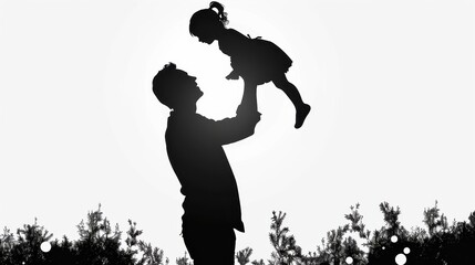 A black and white silhouette capturing a man joyfully lifting a child into the air, set against a minimalistic background, symbolizing bond and love between parent and child.