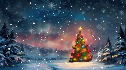Obraz premium An elegantly decorated Christmas tree glows warmly in the midst of a snowy landscape, creating a picturesque and serene scene capturing the essence of the winter holiday season.