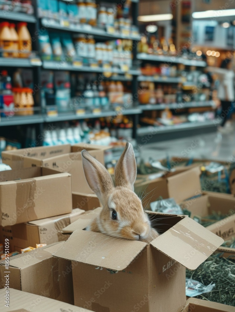 Poster a rabbit peeking out of a cardboard box in the middle of a store. generative ai.