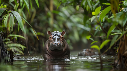pygmy hippo wading a rainforest stream showcasing the unique nature and wildlife of West Africa 