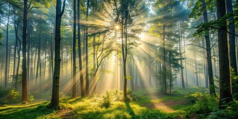 Obraz premium Misty forest morning with light beams filtering through dense trees creating shadows and highlights, Misty, forest