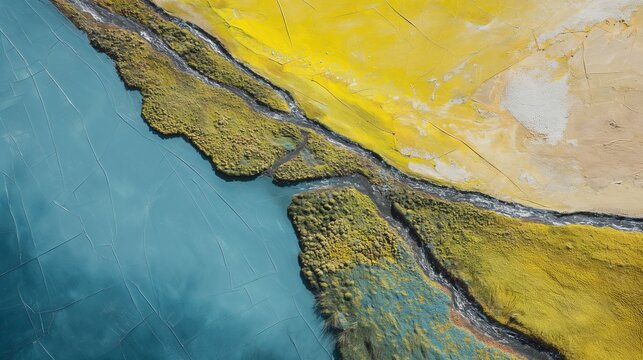 Representation of an overhead view showing land and water meeting with various inlets and channels and various forms of vegetation; artistic abstract background image