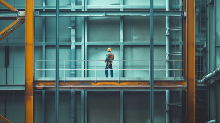 Engineer Technician Watching Team of Workers on High Steel Platform