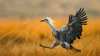 Rare secretary bird striding through African savannah highlighting the unique nature and wildlife