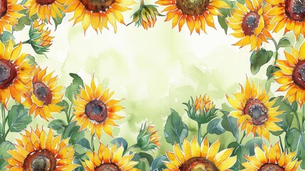 Obraz premium An artistic arrangement of sunflowers and green leaves painted in watercolor style against a greenish background, presenting a harmonious blend of nature and art.