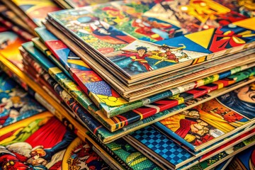 Fototapeta premium Vibrant vintage comic book stack overflowing with bold graphics and bright hues, creating a playful, nostalgic background texture with eclectic visual appeal.