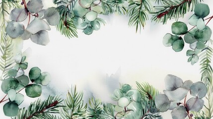 A stunning circular wreath design featuring winter foliage, eucalyptus leaves, and pine branches, perfect for holiday season graphics and decorations.