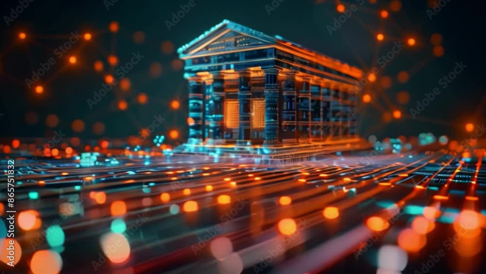 Aufkleber This digital rendering of a bank building on a circuit board.