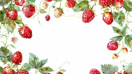 A delightful watercolor painting depicts strawberry plants bearing ripe red strawberries amidst their green leaves and tiny white flowers, framed on a white backdrop.