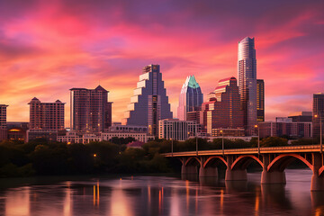 Stunning Capture of Austin City Skyline at Sunset Reflecting on Lady Bird Lake