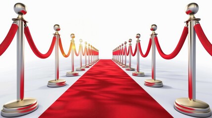 An elegant red carpet with golden stanchions lined up on both sides, leading to a grand entrance, creating a sense of importance and luxury for the event attendees.