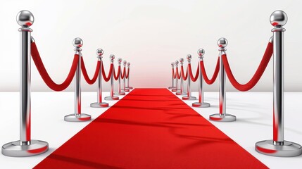 A red carpet set with stanchions and velvet ropes leading to an elevated stage. It evokes exclusivity and glamour, typical of high-profile events and ceremonies.