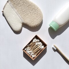 Body care products on a white background. Body wash, shower gel, toothbrush and cotton buds