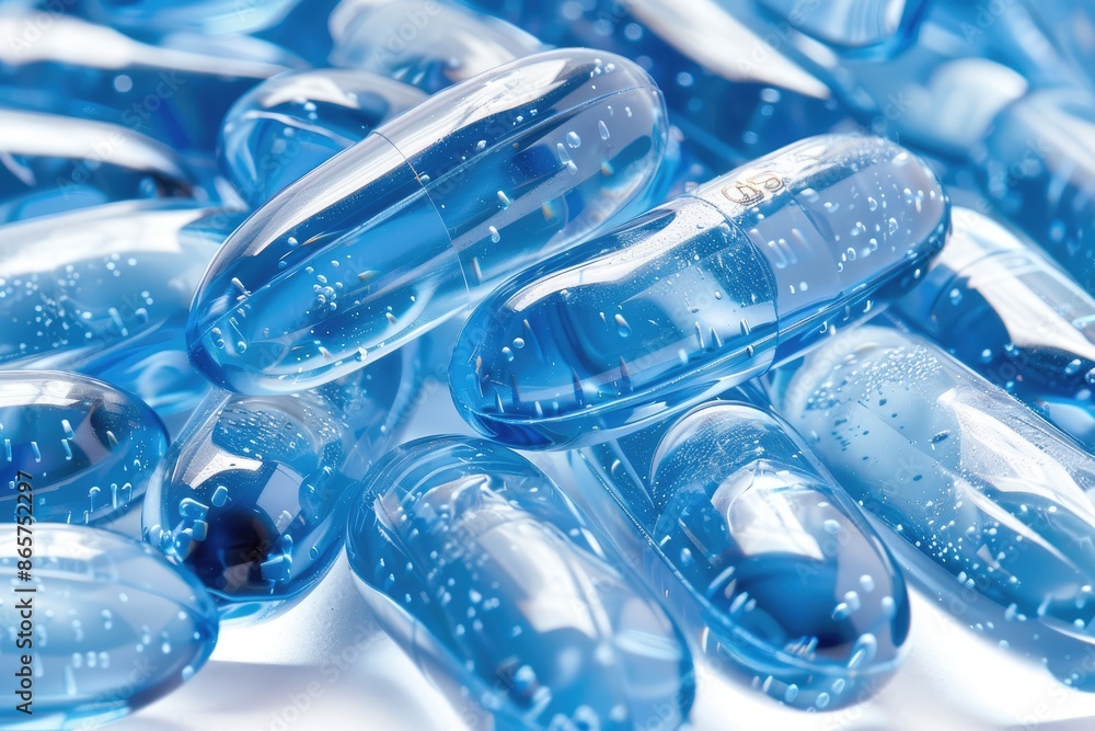 Poster a close up of blue pills with bubbles in them. the pills are all the same size and shape