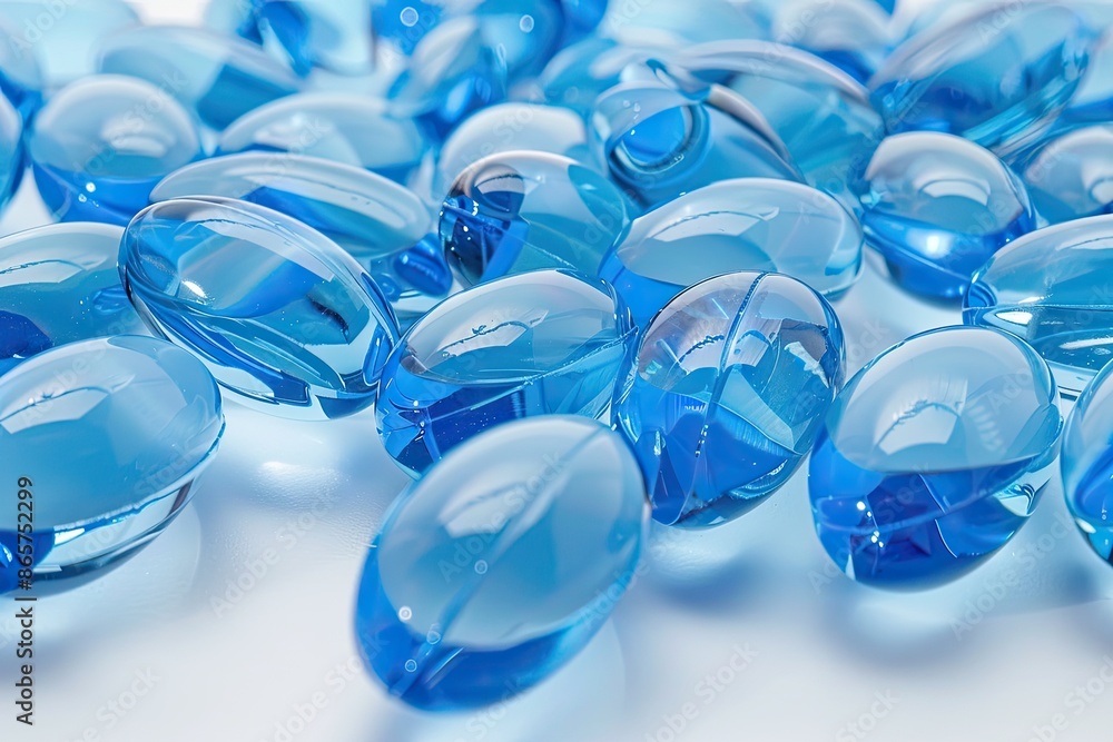 Poster a bunch of blue pills are shown in a close up. the pills are clear and shiny, and they are all the s