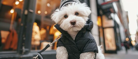 A small white dog wearing a black and white striped beanie and a black puffy jacket is sitting on a city street. AI.