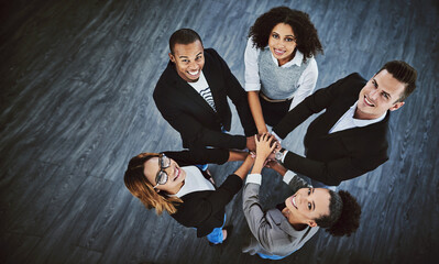 Hands stack, above and portrait of business people for teamwork, collaboration and solidarity in...