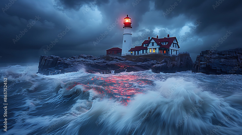Poster rocky coastline a lighthouse utilizing a slow shutter speed to capture water movement
