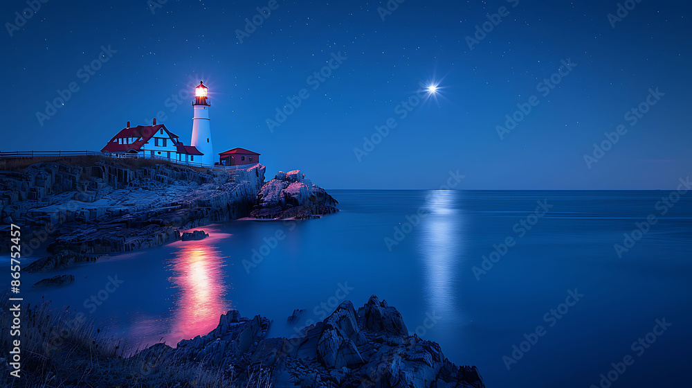 Poster rocky coastline a lighthouse utilizing a slow shutter speed to capture water movement