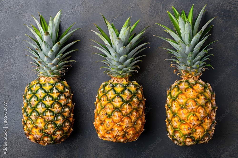 Poster three pineapples are displayed on a black background. the pineapples are all the same size and are p