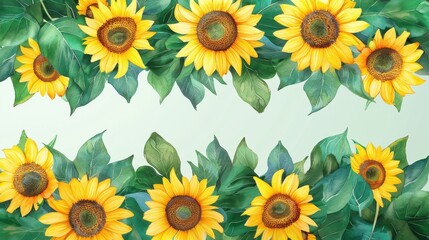 A stunning illustration showcasing bright yellow sunflowers framed by rich green leaves, presented in a harmonious composition that exudes the beauty of nature in full bloom.