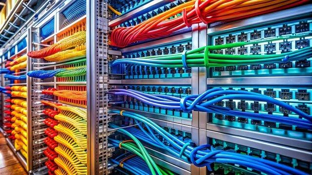 Colorful network cables plugged into a central hub in a sleek metal rack, showcasing organized data flow and high-tech infrastructure in a modern server room.