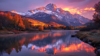 Fototapeta premium Rocky mountain landscape a vibrant sunrise 