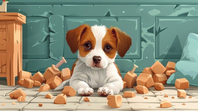 Puppy sits among scattered bricks and rubble against a green wall, showcasing a mix of cuteness and chaos in this playful and slightly mischievous scene.
