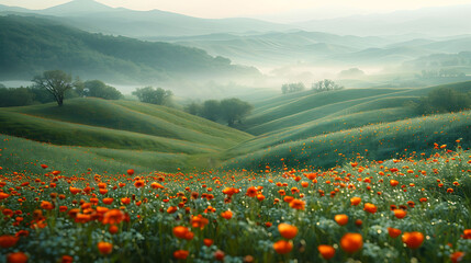 Rolling hills covered green grass and wildflowers
