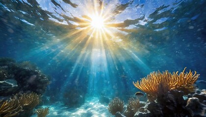 Obraz premium Sunlight Penetrating Vibrant Coral Reef Underwater View