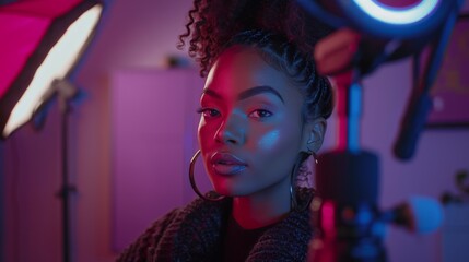 Fototapeta premium Influencer recording a makeup tutorial for social media followers