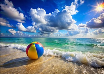 Obraz premium Vibrant beach scene featuring a colorful beach ball floating in the surf, set against a stunning blue sky with puffy white clouds and clear turquoise water.