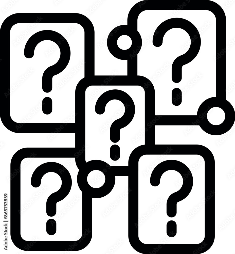 Poster multiple question mark boxes connected together symbolizing frequently asked questions and troublesh
