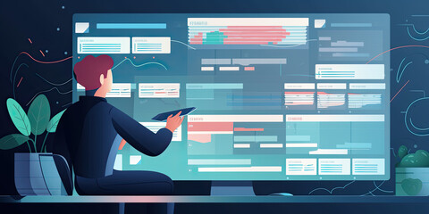 Man working on data visualization with a large digital screen