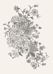 Autumn bouquet with blooming dahlia flowers and white honeysuckle berries.