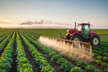 Fototapeta premium A red tractor is spraying a field of lettuce