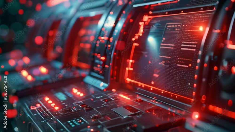 Poster this close-up of a futuristic control panel with red and blue lights.