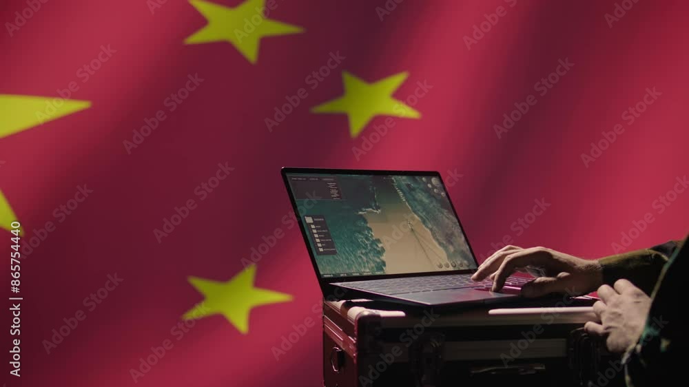 Poster chinese soldier in command control room using military tech to identify threats from enemies. army p