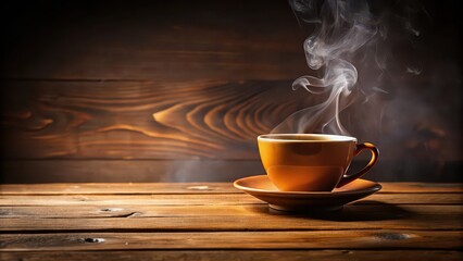 Steaming cup of tea or coffee on a wooden table , beverage, hot drink, morning, cozy, relaxation, break, caffeine, aroma, steam