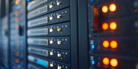 Data center, servers with information. Red signals as a sign of a problem