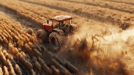 Obraz premium A red tractor is driving through a field of dry grass. The tractor is covered in dirt and dust, and the field is barren and dry