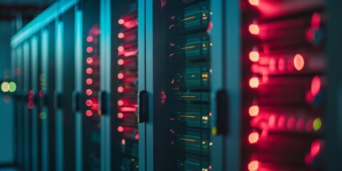 Data center, servers with information. Red signals as a sign of a problem