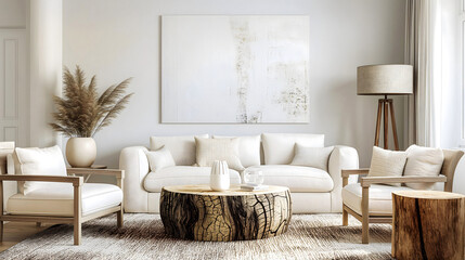 Living room interior with couch and canvas on the wall, house enviroment