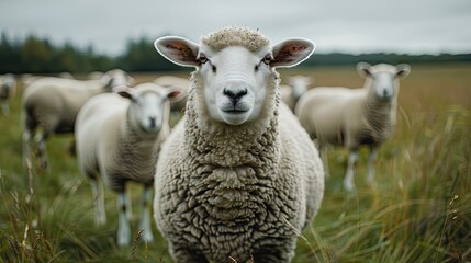Obraz premium A sheep is standing in a field with other sheep. Concept of calm and peacefulness, as the sheep are grazing in a natural setting