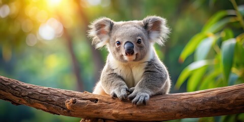 Naklejka premium Adorable koala bear cub sitting on a tree branch , cute, furry, Australia, wildlife, eucalyptus, marsupial, young, baby